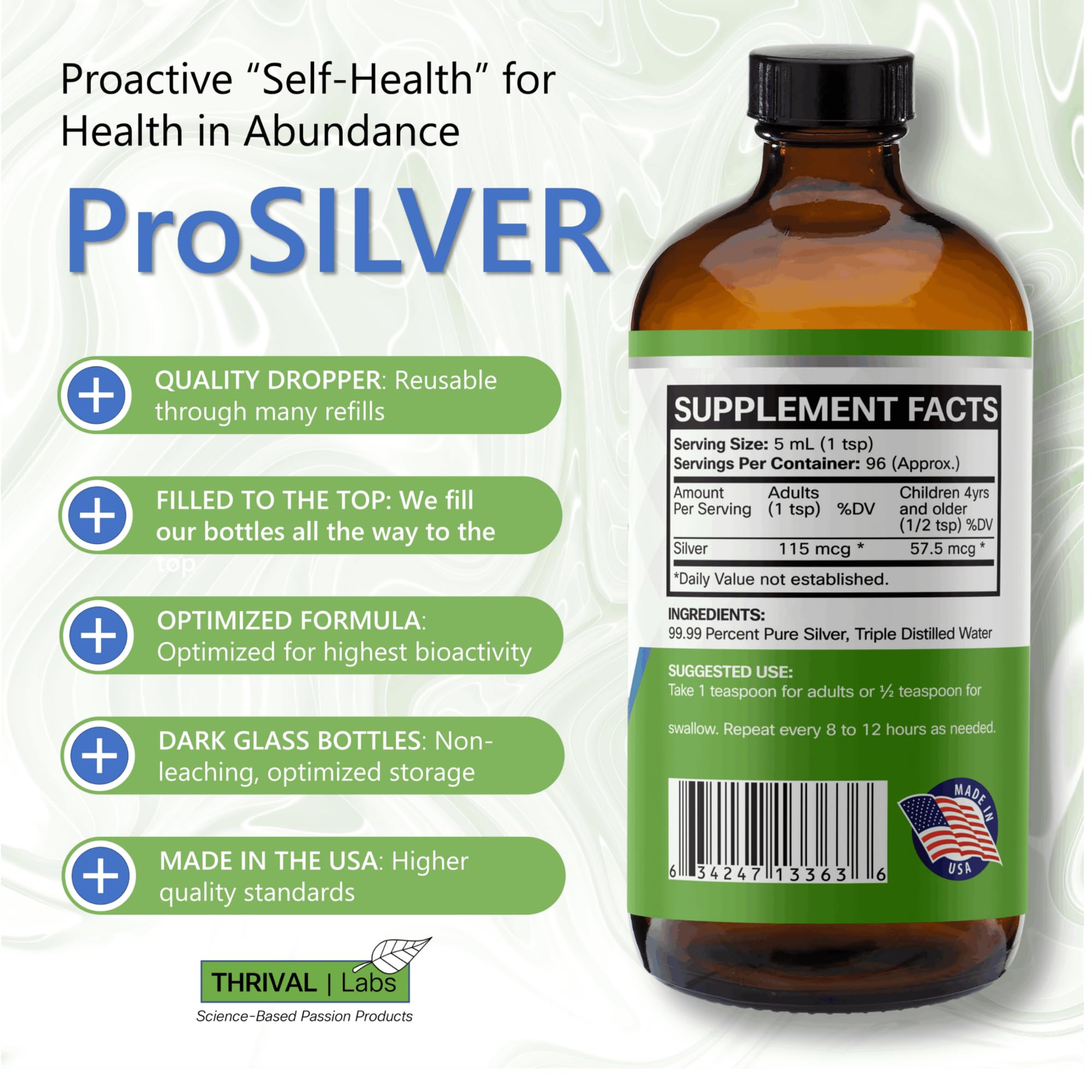 Pourable silver liquid from Thrival Labs highlights a clear solution for topical and oral use.