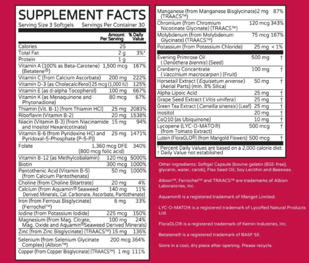 Thrivetality One Woman ingredients panel displays antioxidant vitamins