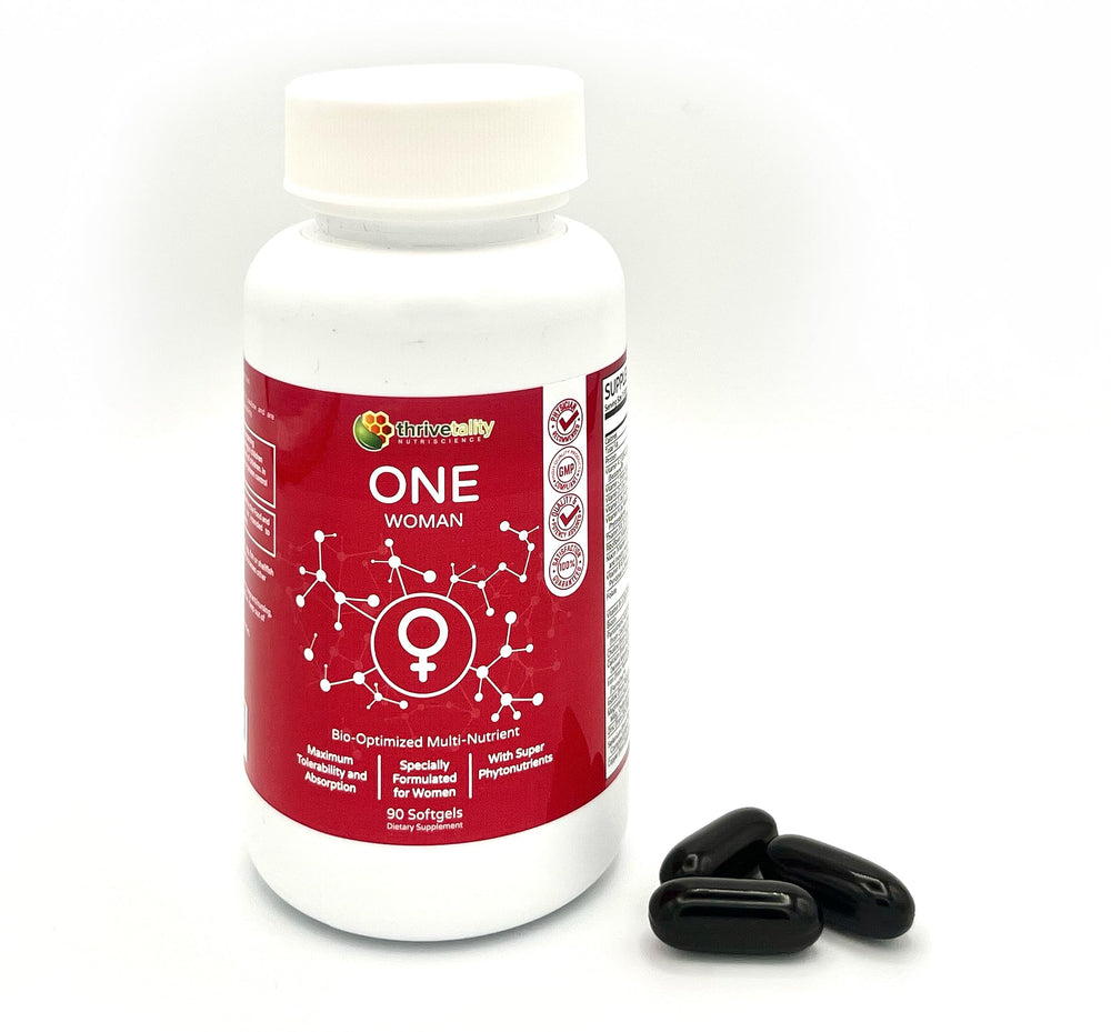 Thrivetality One Woman label closeup highlights nutrient science