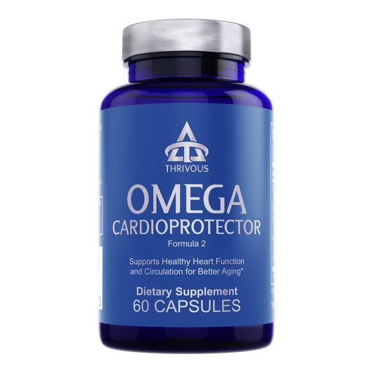 Thrivous Omega Cardioprotector bottle showing label and capsules for daily use