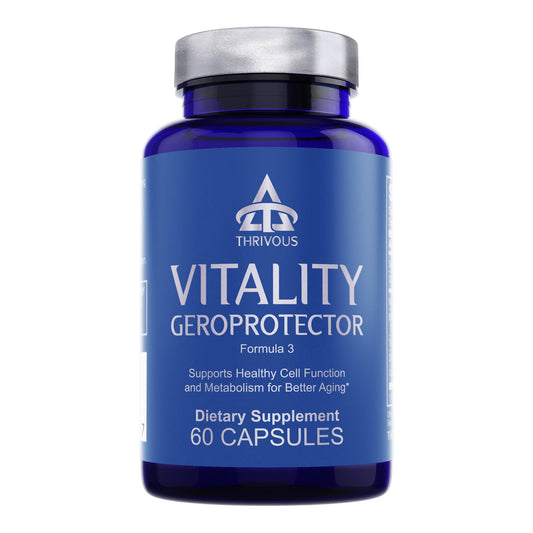 Thrivous Vitality Geroprotector bottle showcasing capsules for daily metabolic support