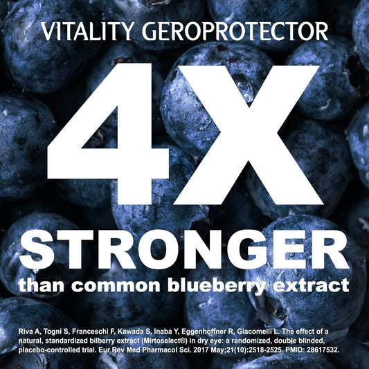 Thrivous Vitality Geroprotector capsules close-up showing a clean, disclosed formula for cellular energy
