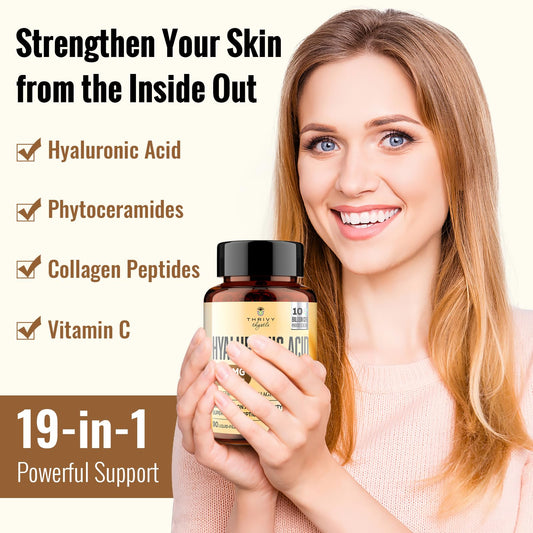 ThrivyThystle capsules label highlights the 4-in-1 formula for skin and gut support.