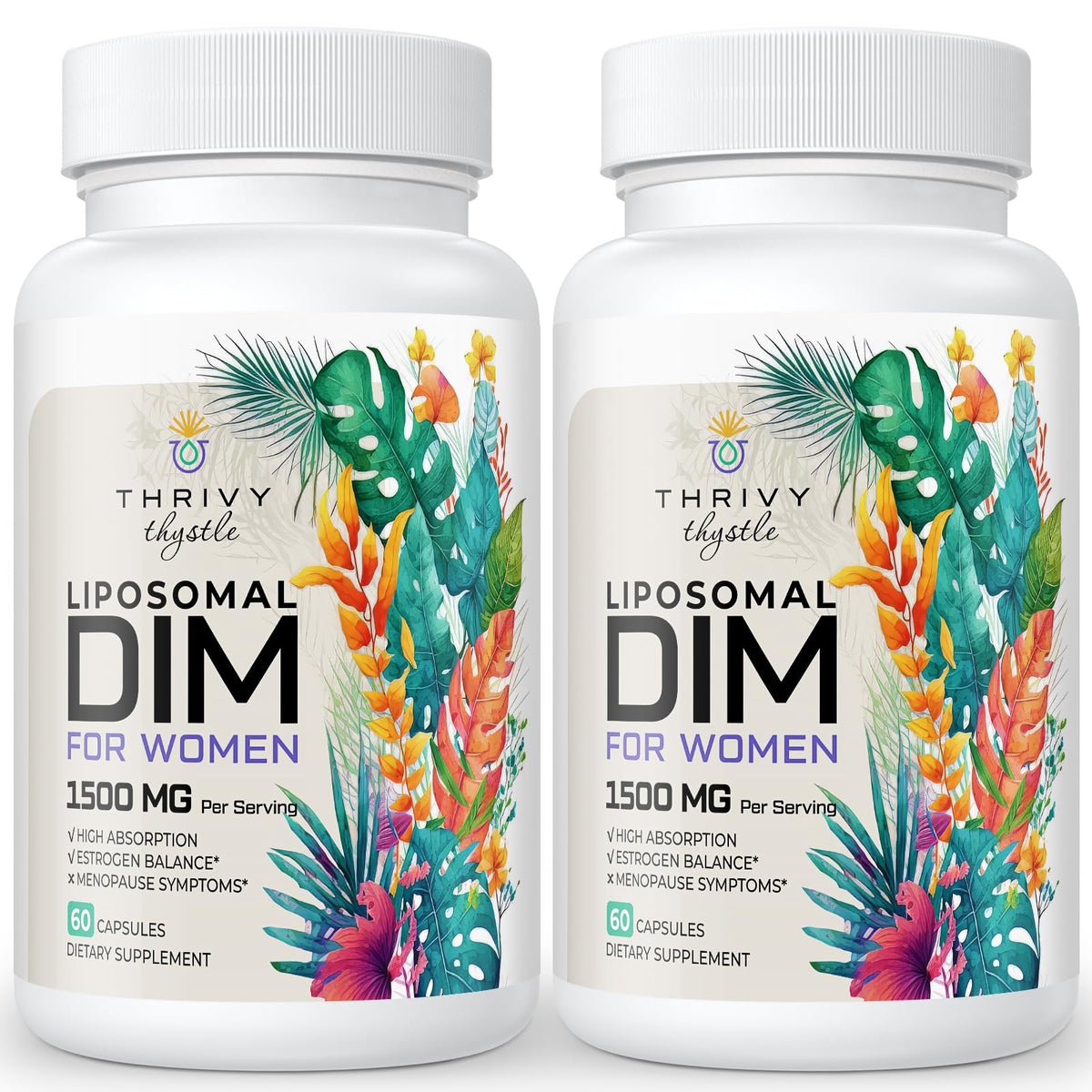 ThrivyThystle liposomal DIM bottle showing enhanced bioavailability for balanced hormones.