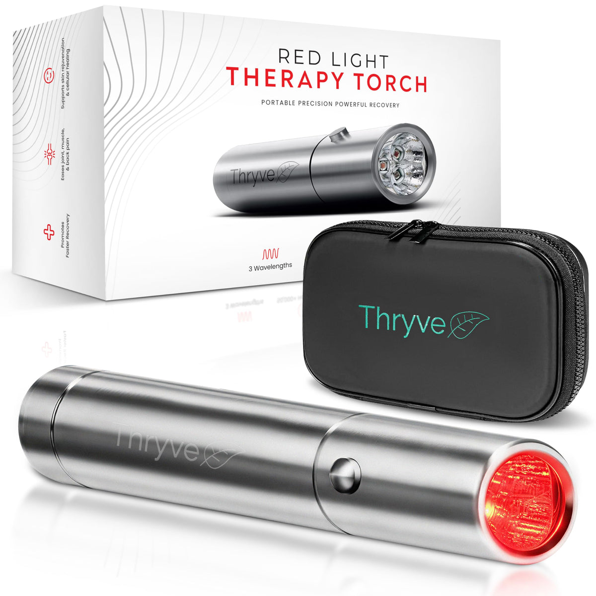 Thryve handheld infrared torch shown for convenient at-home light therapy sessions.