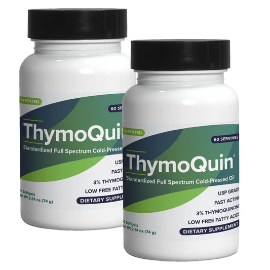 ThymoQuin capsules bottle front shows full-spectrum black seed oil for daily wellness.