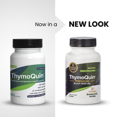 Close-up of ThymoQuin label highlighting USP-grade patented formulation.