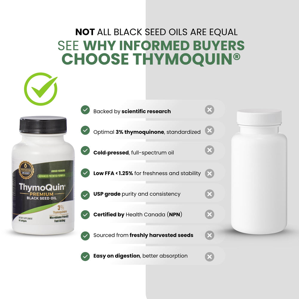 Fresh black seeds imagery represents the oil source behind ThymoQuin.