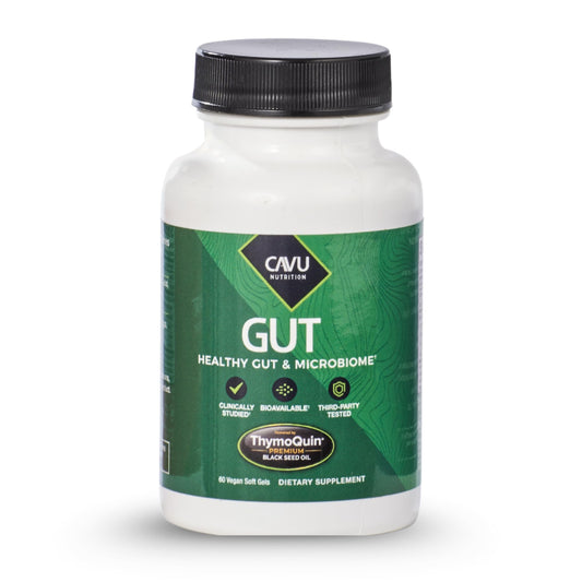 ThymoQuin gut health softgels bottle front showing product branding and accessibility