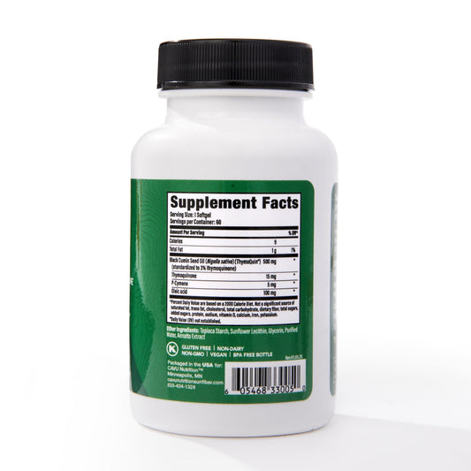 Close-up of ThymoQuin softgels highlighting bioavailable black seed oil