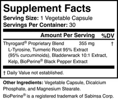 Thyrogard bottle cap highlighted, showcasing non-GMO and vegan credentials.