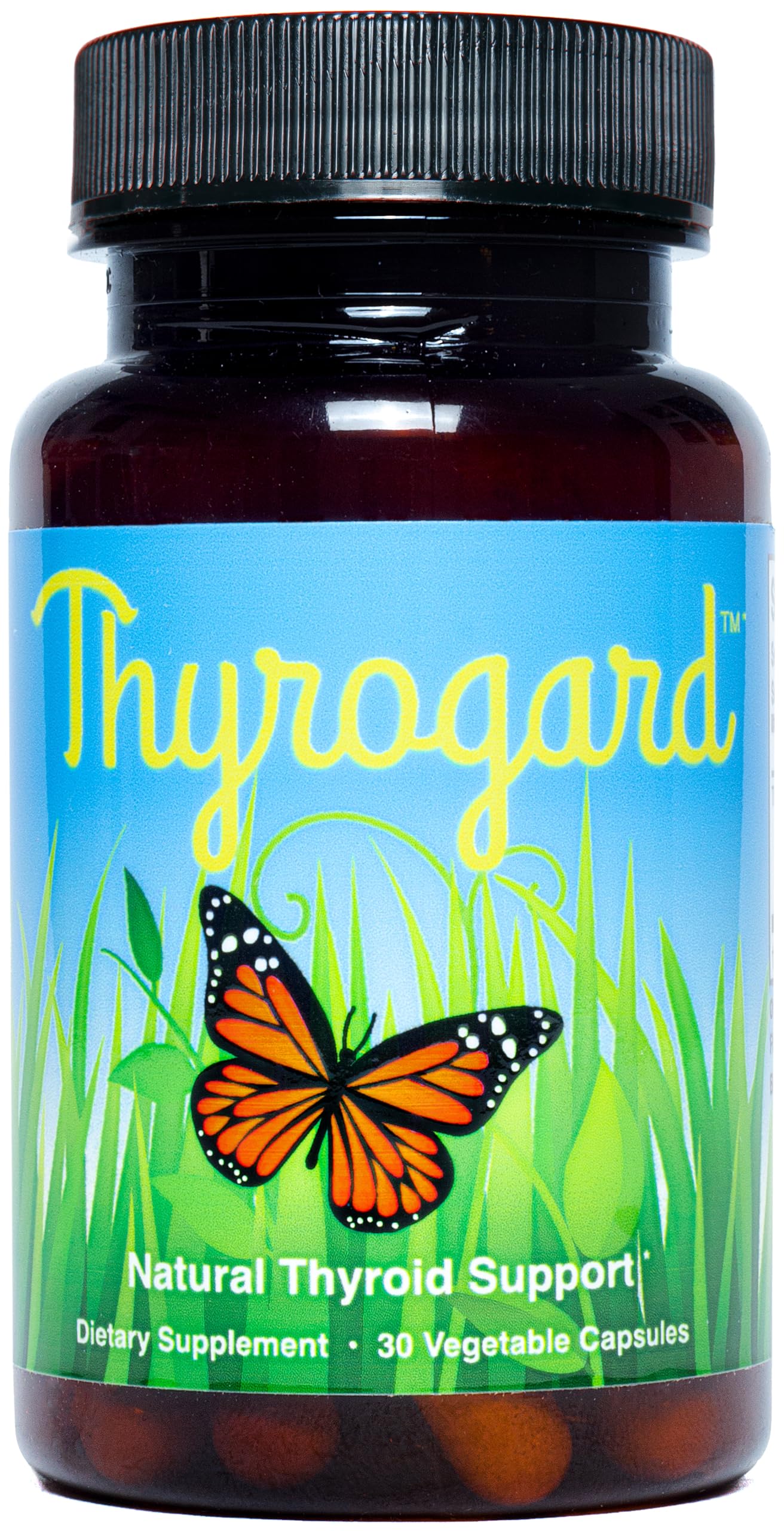 Thyrogard bottle front with vegan thyroid support capsules for daily balance.