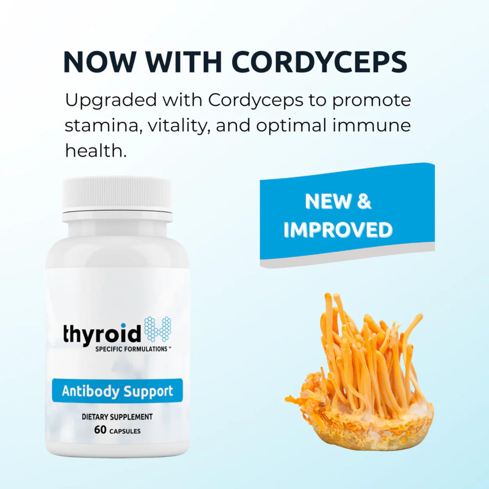 Thyroid Specific Formulations Antibody Support capsules highlighting Selenium benefits for antioxidant support.