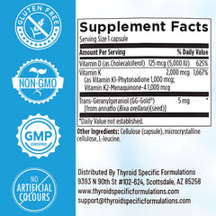 Thyroid Specific Formulations label close-up highlights iodine-free, thyroid-friendly nutrition.