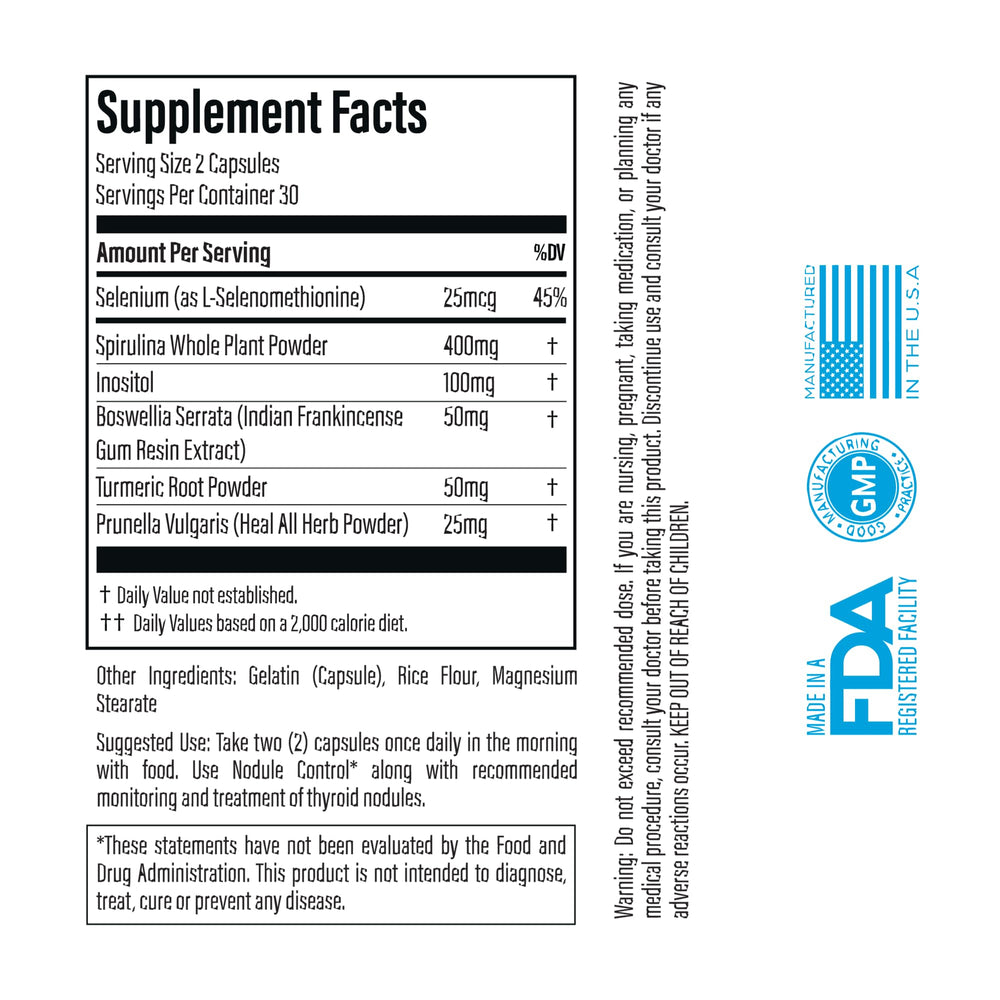 Thyroid Specific Formulations Nodule Control capsules closeup highlighting spirulina and turmeric benefits