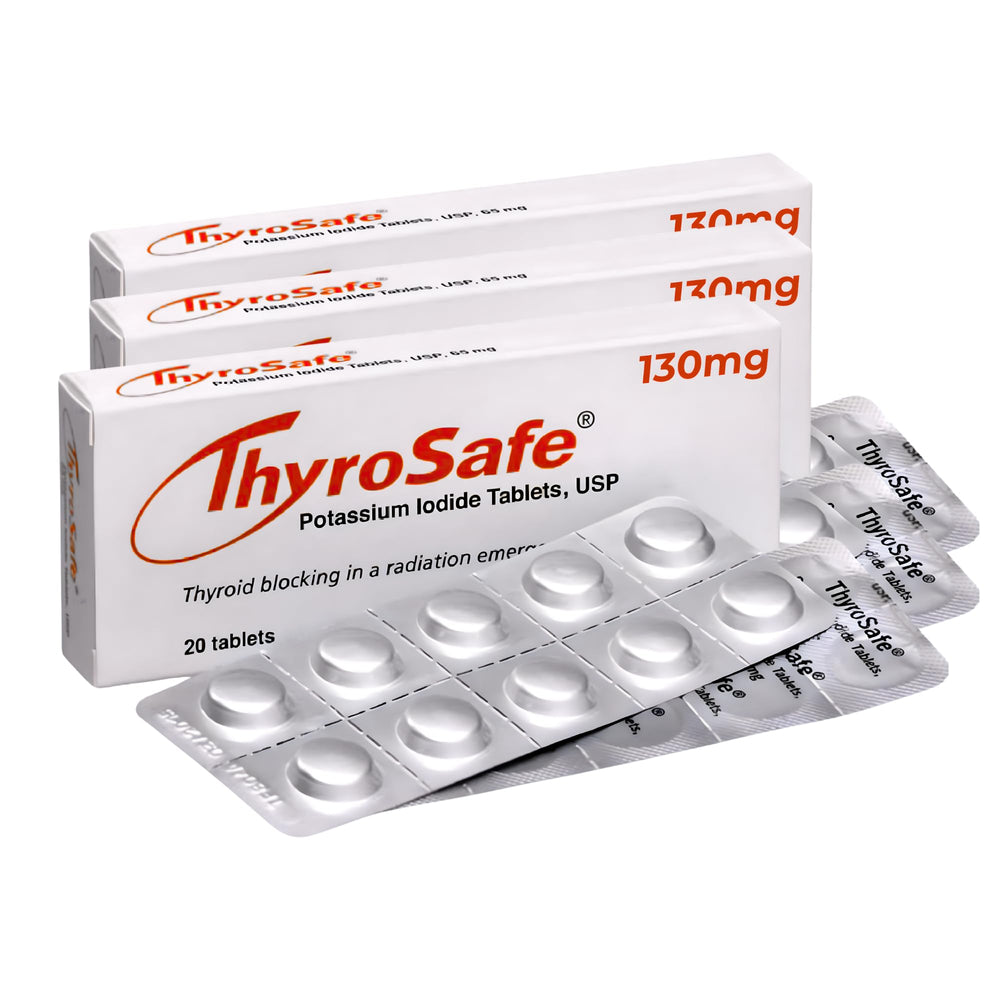 THYROSAFE 130mg KI tablets packaging for emergency preparedness and thyroid protection.