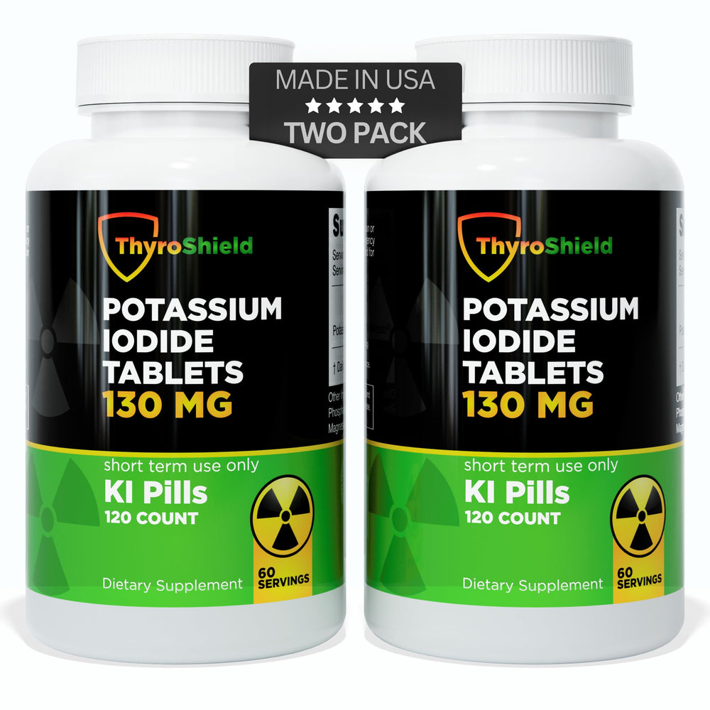 ThyroShield potassium iodide tablets 130mg bottle shown for compact radiation protection option.