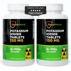 ThyroShield potassium iodide tablets 130mg bottle shown for compact radiation protection option.