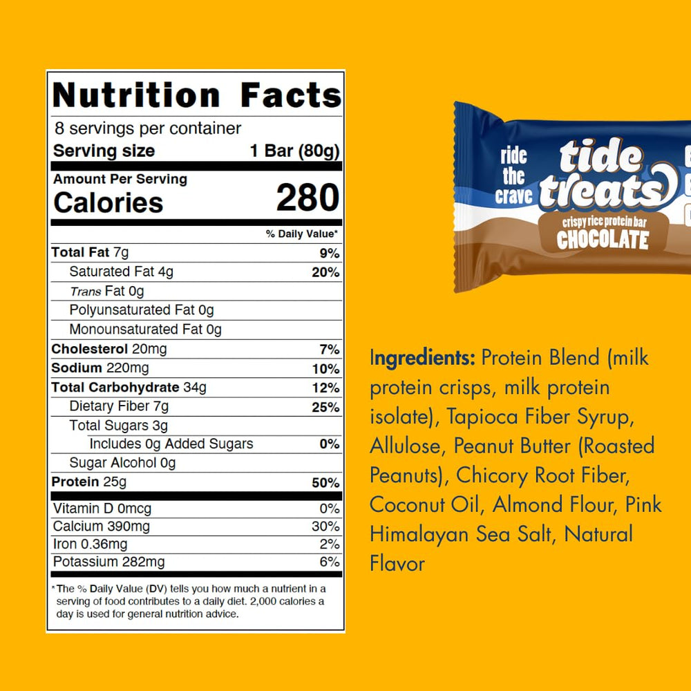 Close-up of Tidetreats Crispy Rice Bar chocolate flavor with visible crunch.