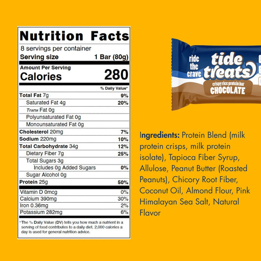 Close-up of Tidetreats Crispy Rice Bar chocolate flavor with visible crunch.