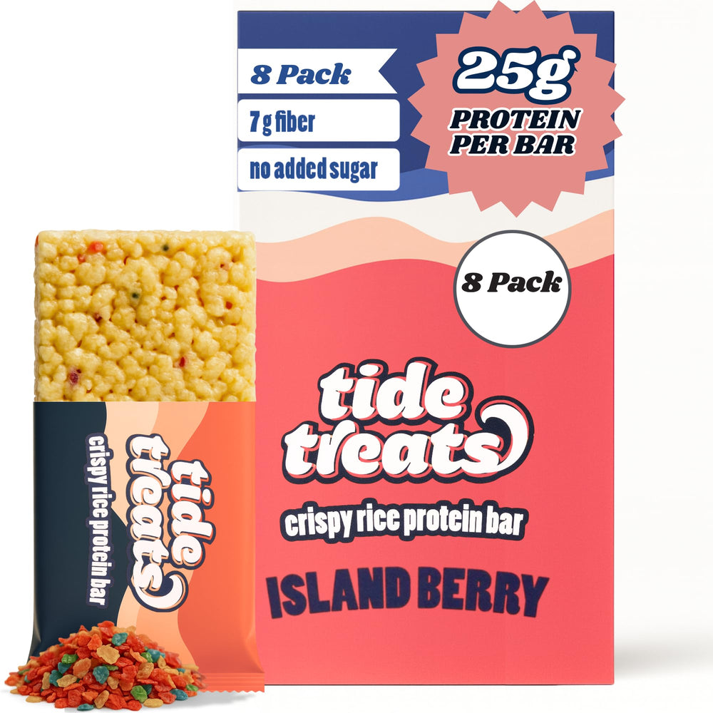 Tidetreats Crispy Rice Protein Bar packaging image for on-the-go energy.