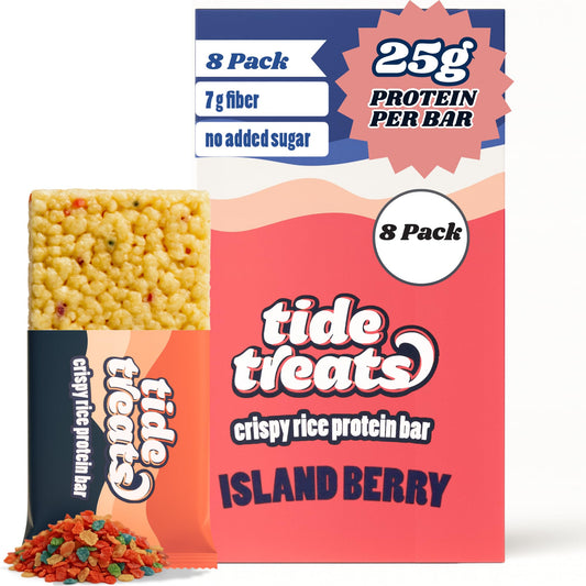 Tidetreats Crispy Rice Protein Bar packaging image for on-the-go energy.