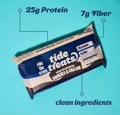 Tidetreats Cookies and Cream bar wrapped for quick post-workout refuel.