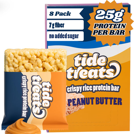 TideTreats crispy rice protein bar with peanut butter—protein-packed on-the-go snack.