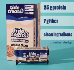 Tidetreats post-workout display featuring Cookies and Cream bar.