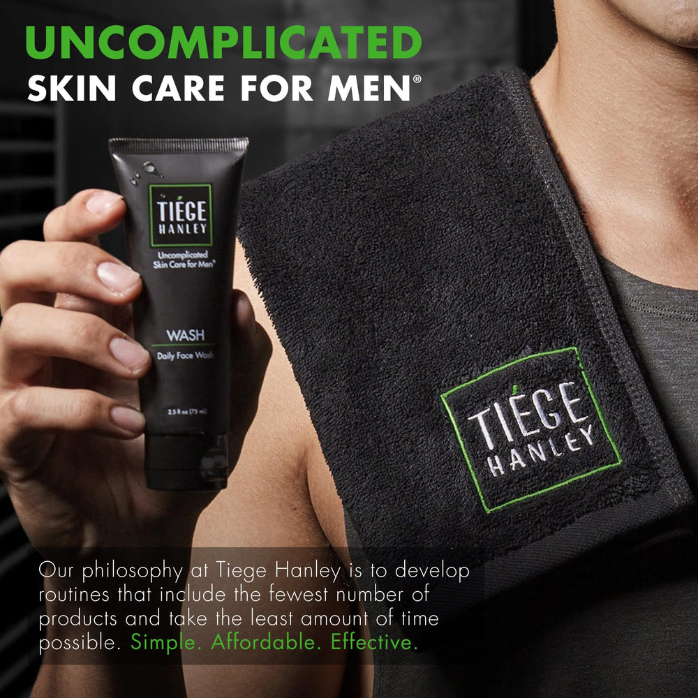 Tiege Hanley men's skincare routine steps image shows detox duo for daily clarity.