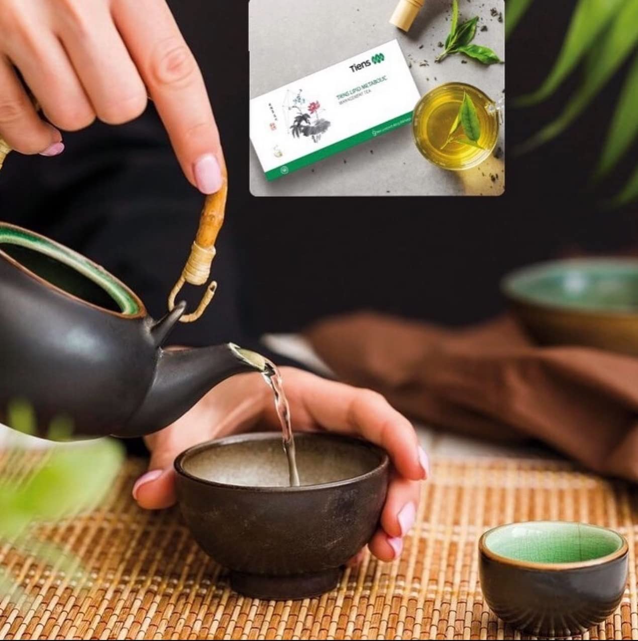 TIENS Lipid Metabolic Management Tea cup, steaming for a comforting break.