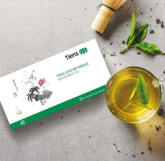 TIENS Lipid Metabolic Management Tea minerals label highlighting calcium, iron, and phosphorus.