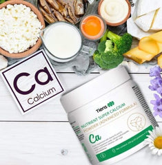 TIENS Nutrient Super Calcium Powder bone health graphic illustrating skeletal support