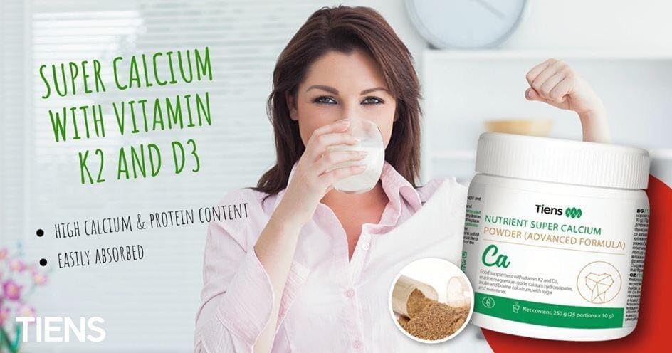 Close-up of TIENS Calcium Powder label with magnesium and phosphorus for mineral balance