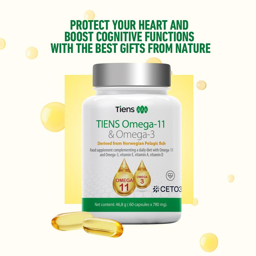 Tiens Omega 3 & 11 bottle nutrition panel visible