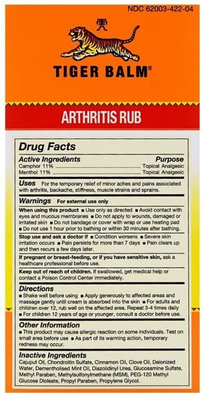 Close-up of Tiger Balm Arthritis Rub label showing ingredients.