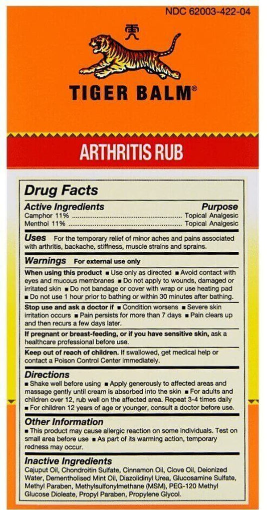 Close-up of Tiger Balm Arthritis Rub label showing ingredients.