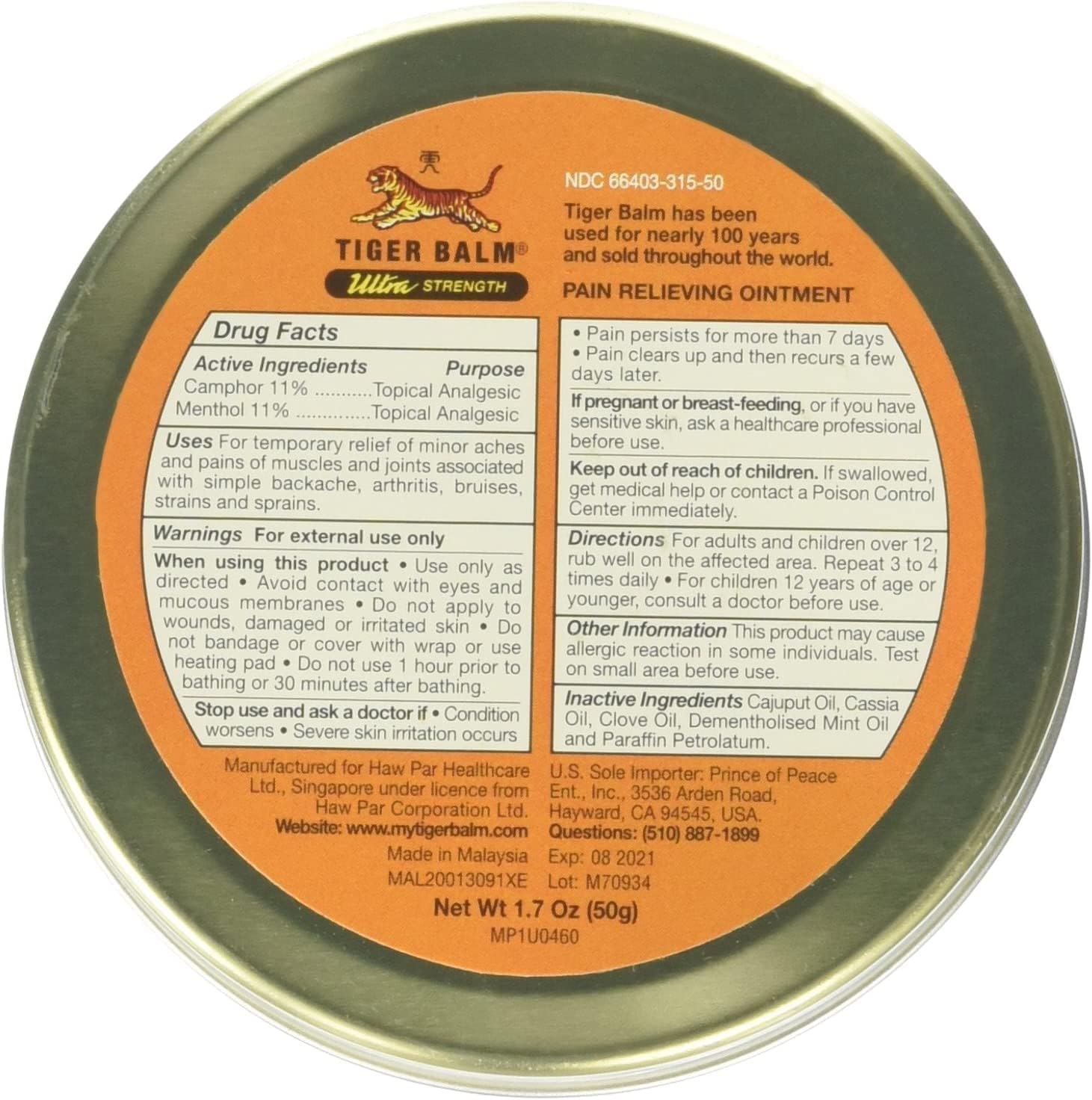 Tiger Balm Sport Rub label highlighting menthol and camphor in the design