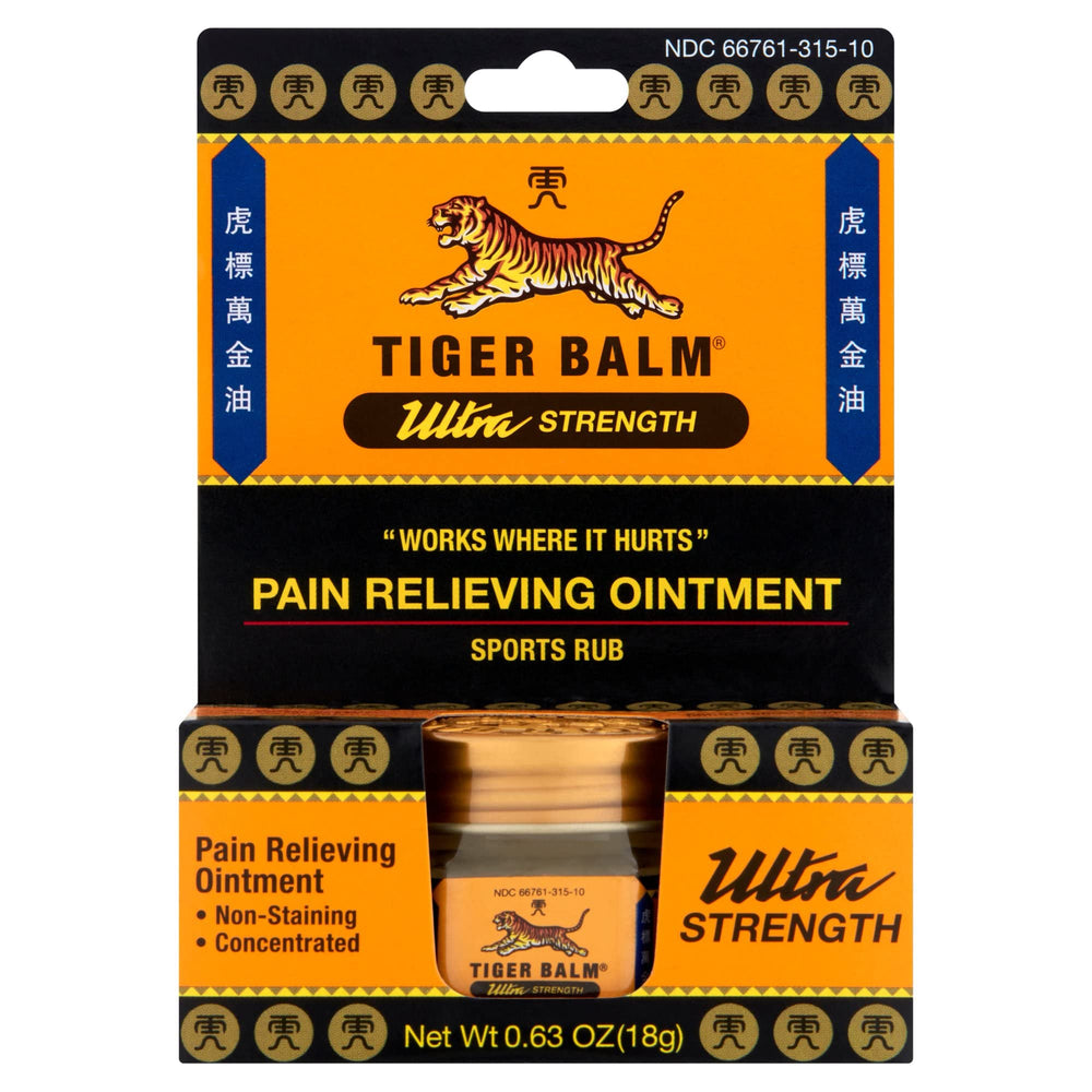 Tiger Balm Ultra Strength ointment tube close-up for potent warming relief.