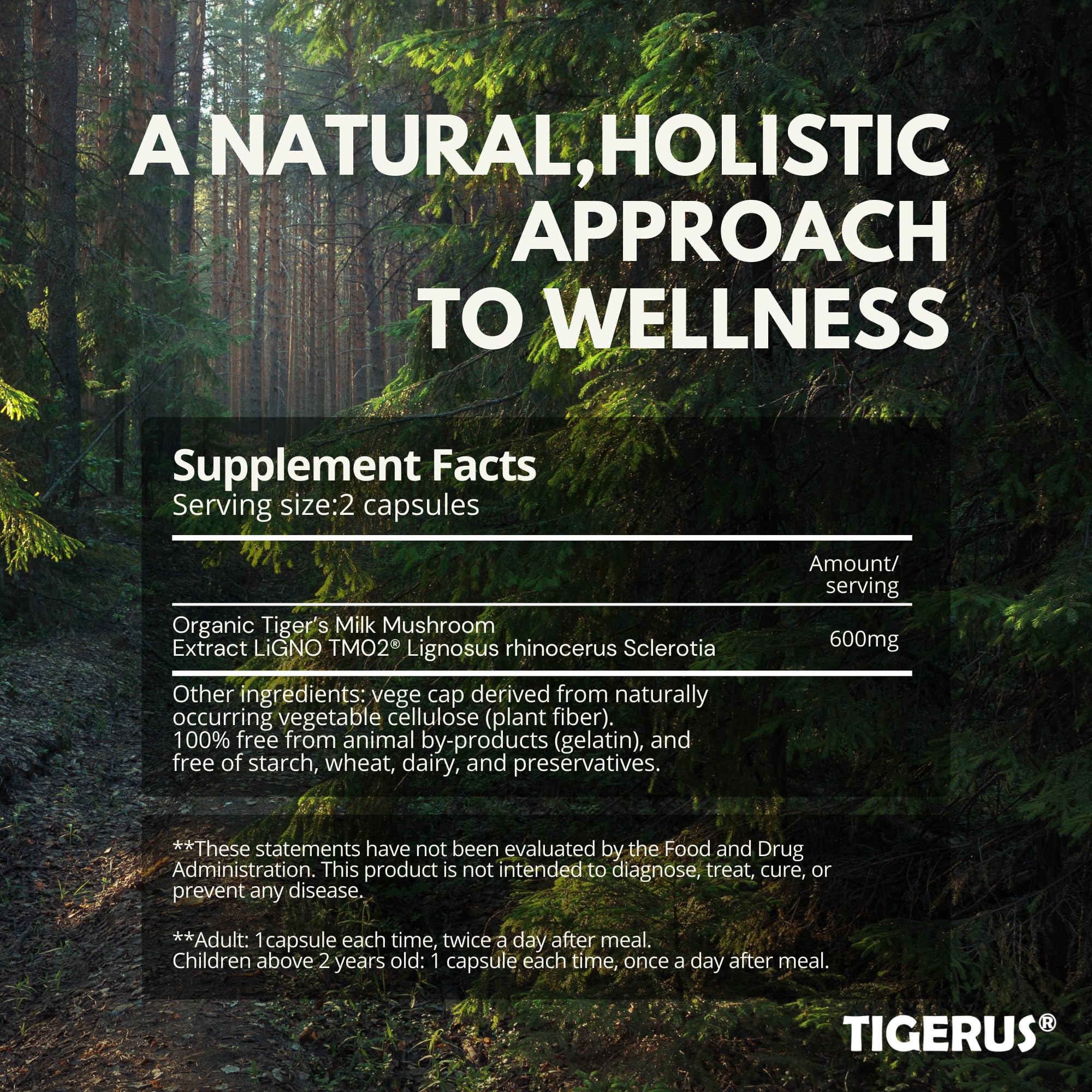 Tigerus ligno-tm02 fermentation label highlights pure organic cultivation and clean production.