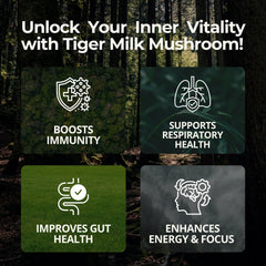 Tigerus Tiger Milk Mushroom capsule closeup emphasizes vegan, non-GMO formula.