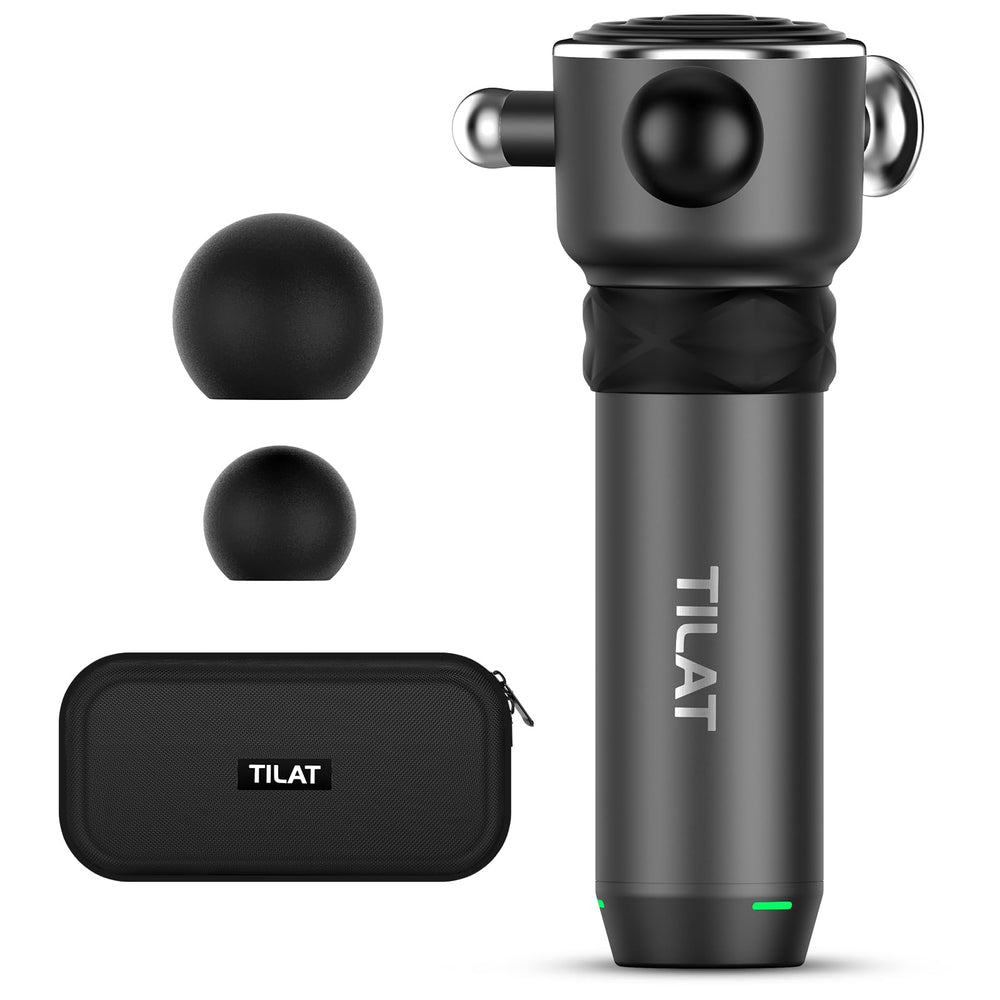 TILAT massager gun on back for targeted relaxation after workouts.