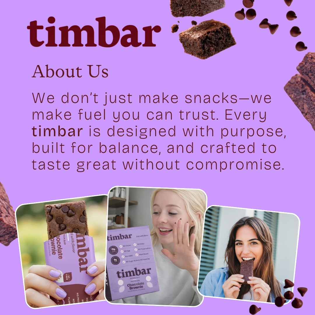 TIMBAR chocolate brownie bar positioned as a convenient post-workout snack.