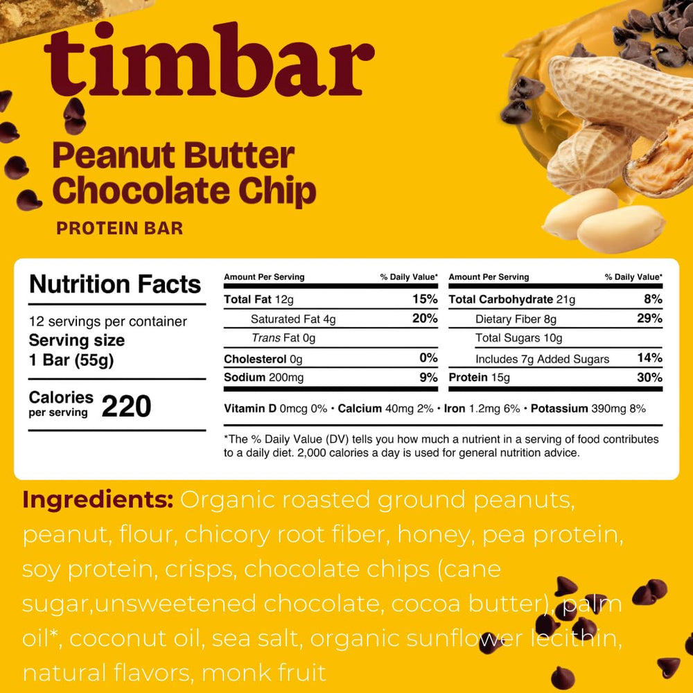 TIMBAR peanut butter chocolate chip bar wrap closeup—handy on-the-go fuel with 8g prebiotic fiber.