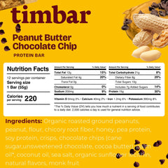 TIMBAR peanut butter chocolate chip bar wrap closeup—handy on-the-go fuel with 8g prebiotic fiber.