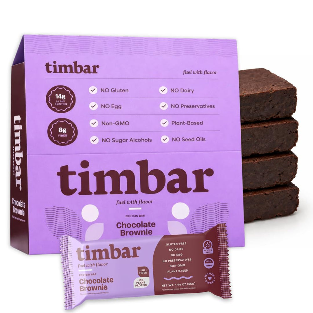 TIMBAR Chocolate Brownie bar close-up showing rich cocoa and chips for a satisfying snack.