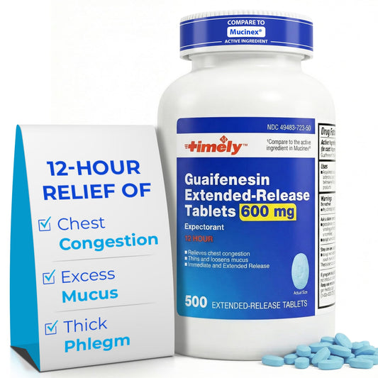 TIME-CAP LABS guaifenesin 600mg tablet bottle promoting mucus thinning for easier breathing.