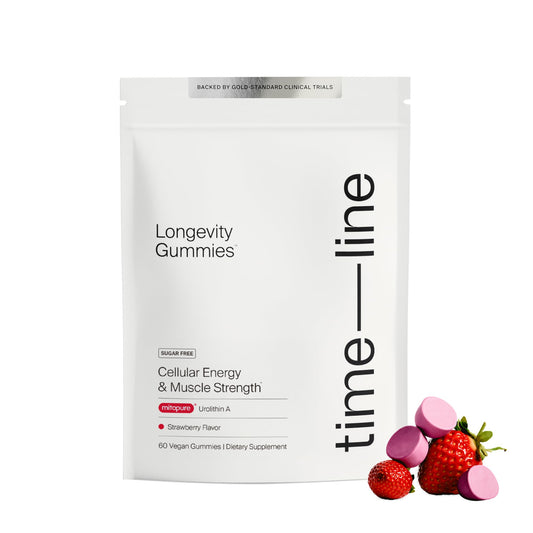 Timeline Mitopure Gummies bottle showing convenient daily energy support
