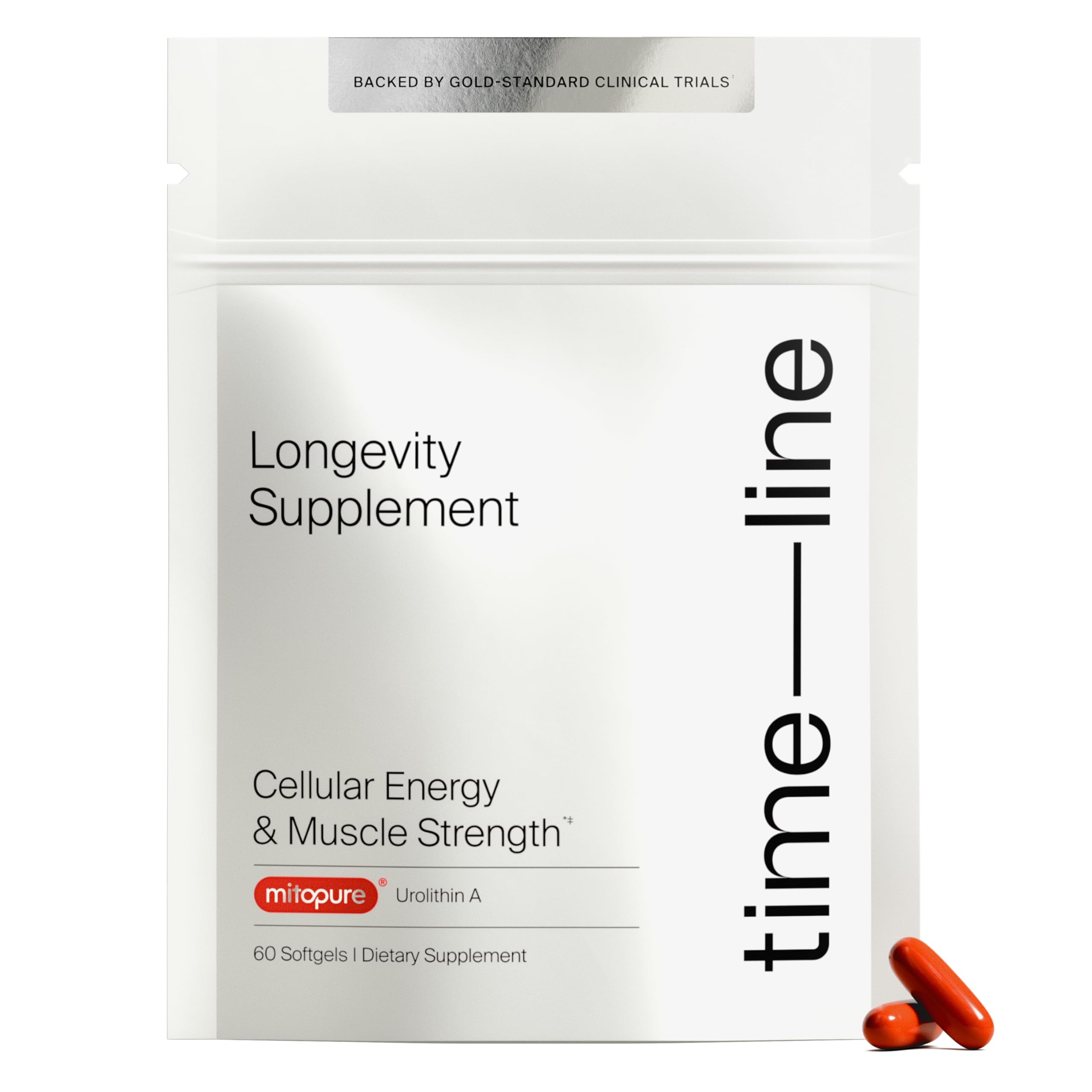 Timeline Mitopure softgels bottle for easy daily dosing and cellular energy support.