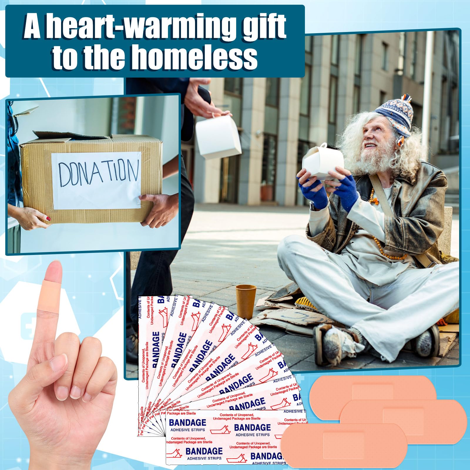Timgle donation-ready kit with bulk adhesive bandages for outreach.